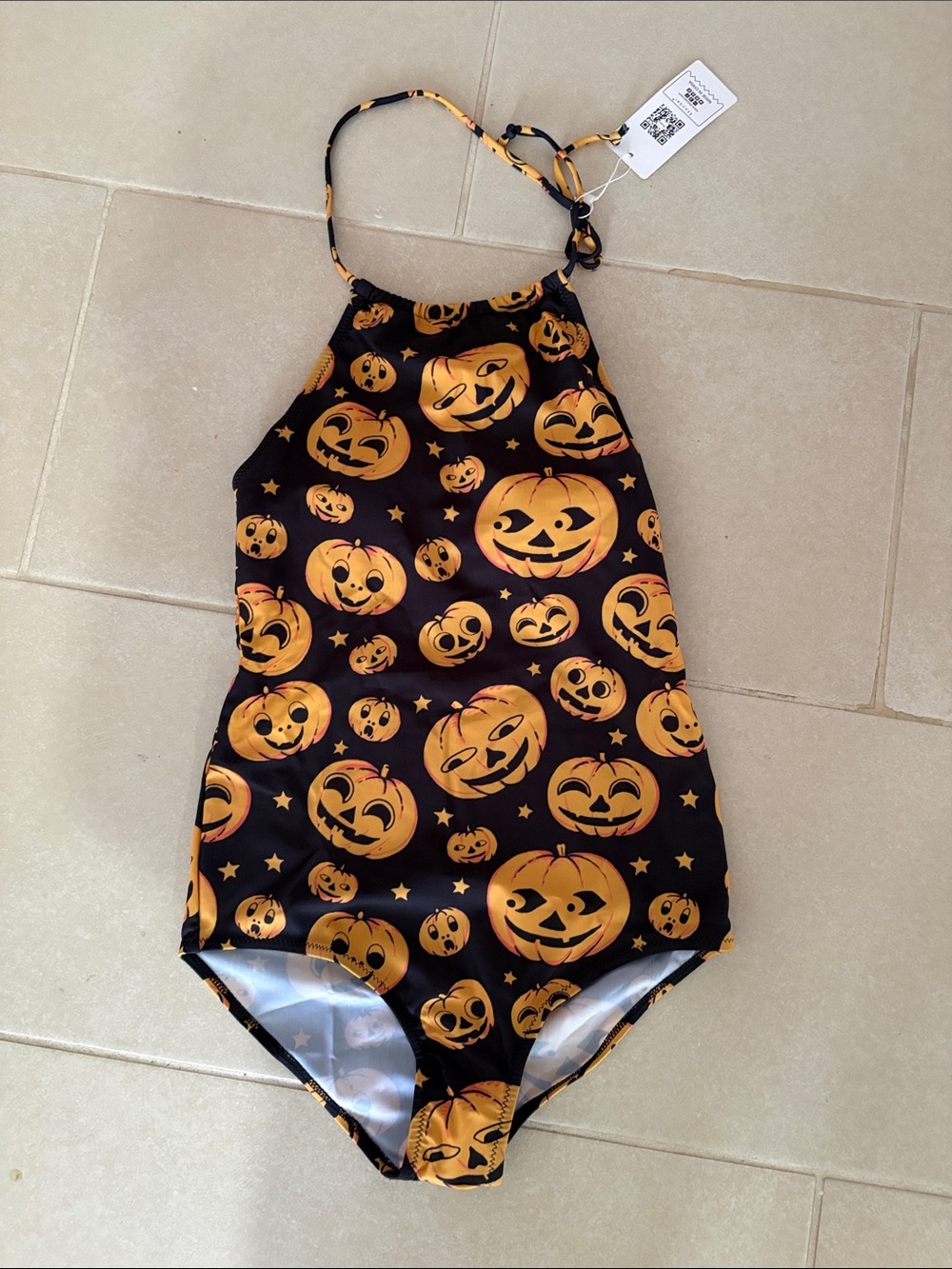 NWT Halloween Pumpkin Print Halter Swimsuit Black & Orange rave party outfit S
